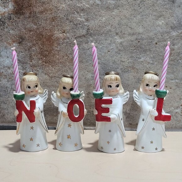 Commodore Japan Heavenly Christmas Noel Angel Candle Holders Figurines - Picture 1 of 13